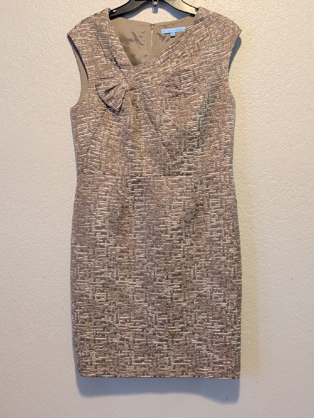 ANTONIO MELANI Metallic Taupe Bow-Accent Midi Dress